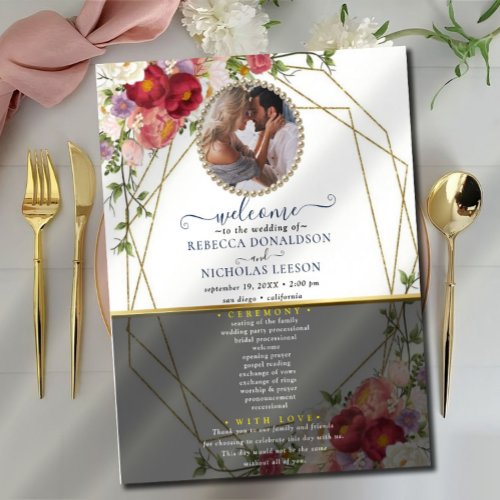 Burgundy Floral Geometric Gold Wedding Program