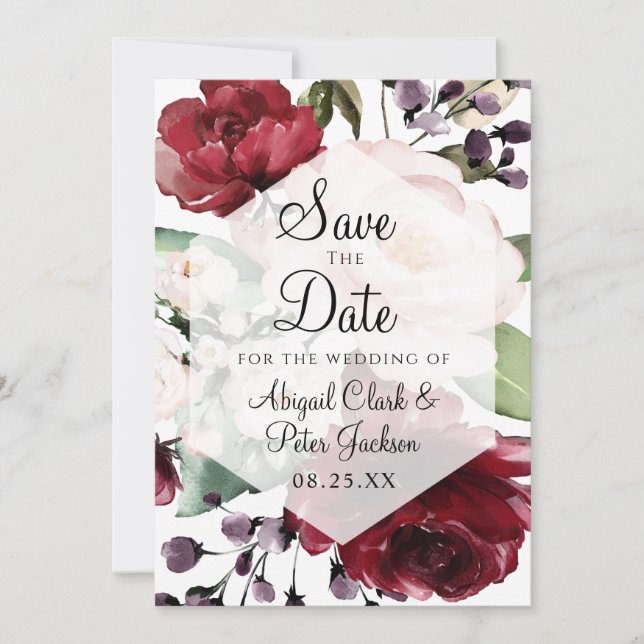 Burgundy Floral Geometric Hexagon Vellum Save The Date (Front)