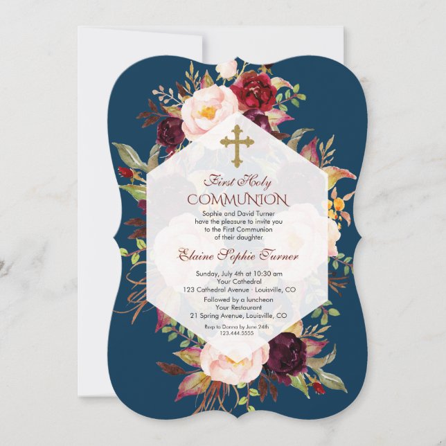 Burgundy Floral Geometric Navy Blue Holy Communion Invitation (Front)