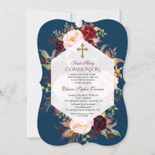 Burgundy Floral Geometric Navy Blue Holy Communion Invitation