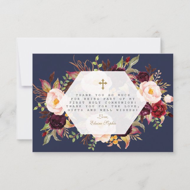 Burgundy Floral Geometric Navy Blue Holy Communion Thank You Card (Front)