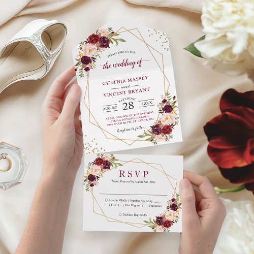 Burgundy Floral Geometric No ENV needed Wedding  All In One Invitation