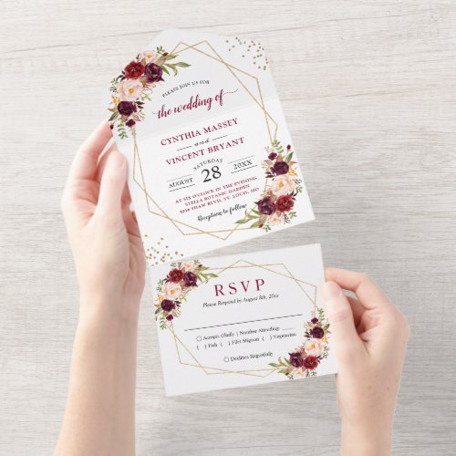 Burgundy Floral Geometric (No ENV needed) Wedding  All In One Invitation - These "Burgundy Red Floral Gold Geometric Wedding All in One Invitations" are designed with an easy to tear off perforated RSVP postcard. Just simply fold each card into the outlined shape, and then seal and send - no envelope needed for shipping.