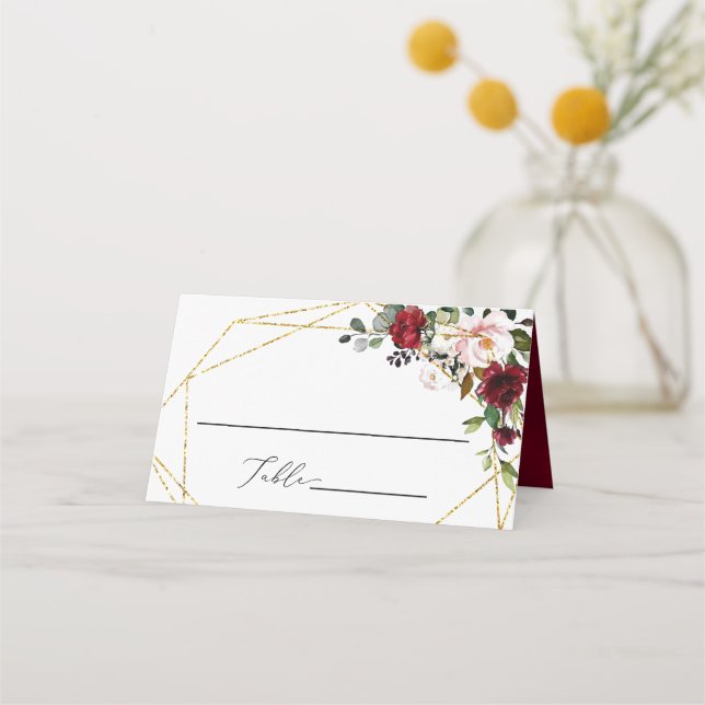 Burgundy Floral Geometric Romantic Watercolor Place Card (Front)
