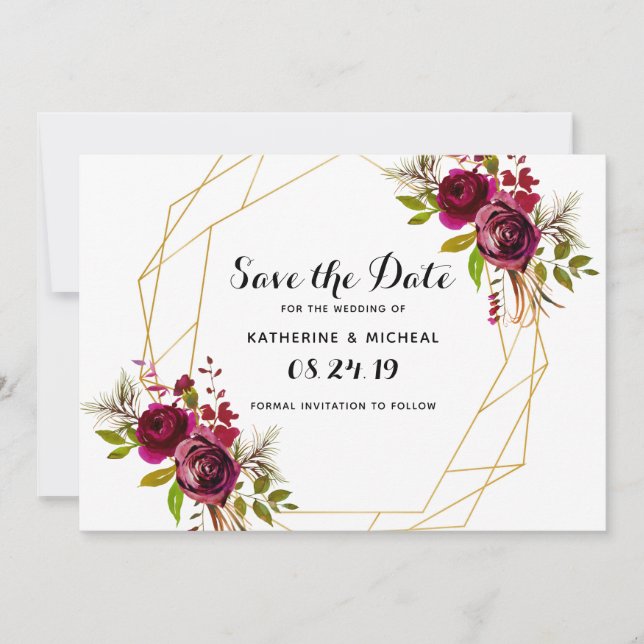 Burgundy floral geometric save the date invitation (Front)