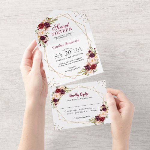 Burgundy Floral Geometric Sweet Sixteen All In One Invitation
