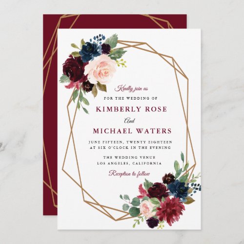 burgundy floral geometric wedding invitation