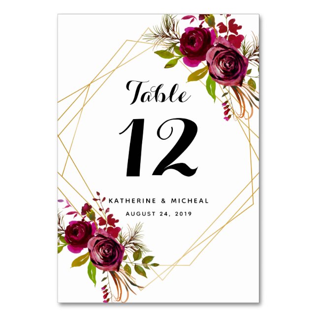 Burgundy Floral Geometric Wedding Table Numbers (Front)