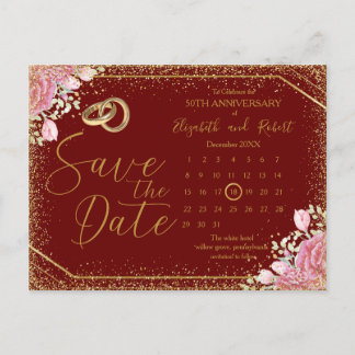 Burgundy Floral  Gliter Anniversary Save The Date Announcement Postcard