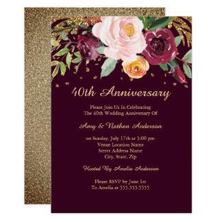 Burgundy Floral Glitter 40th Wedding Anniversary Invitation