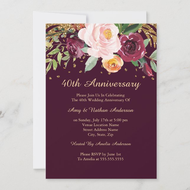Burgundy Floral Glitter 40th Wedding Anniversary Invitation (Front)