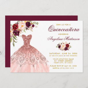 Burgundy Floral Glitter Dress Gold Quinceanera  Invitation
