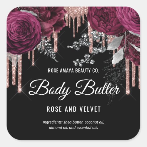 Burgundy Floral Glitter Drips Body Butter Beauty Square Sticker