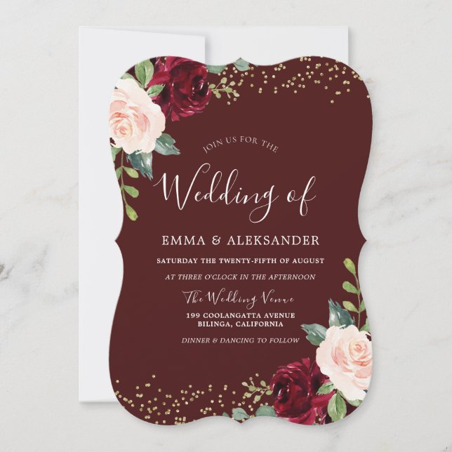 Burgundy Floral Glitter Fall Autumn Wedding Invite (Front)