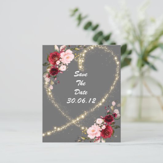 burgundy floral & glitter heart, save the date (Standing Front)