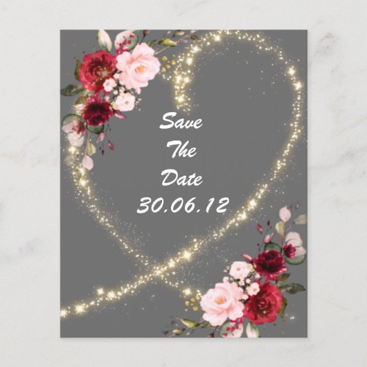 burgundy floral & glitter heart, save the date (Front)