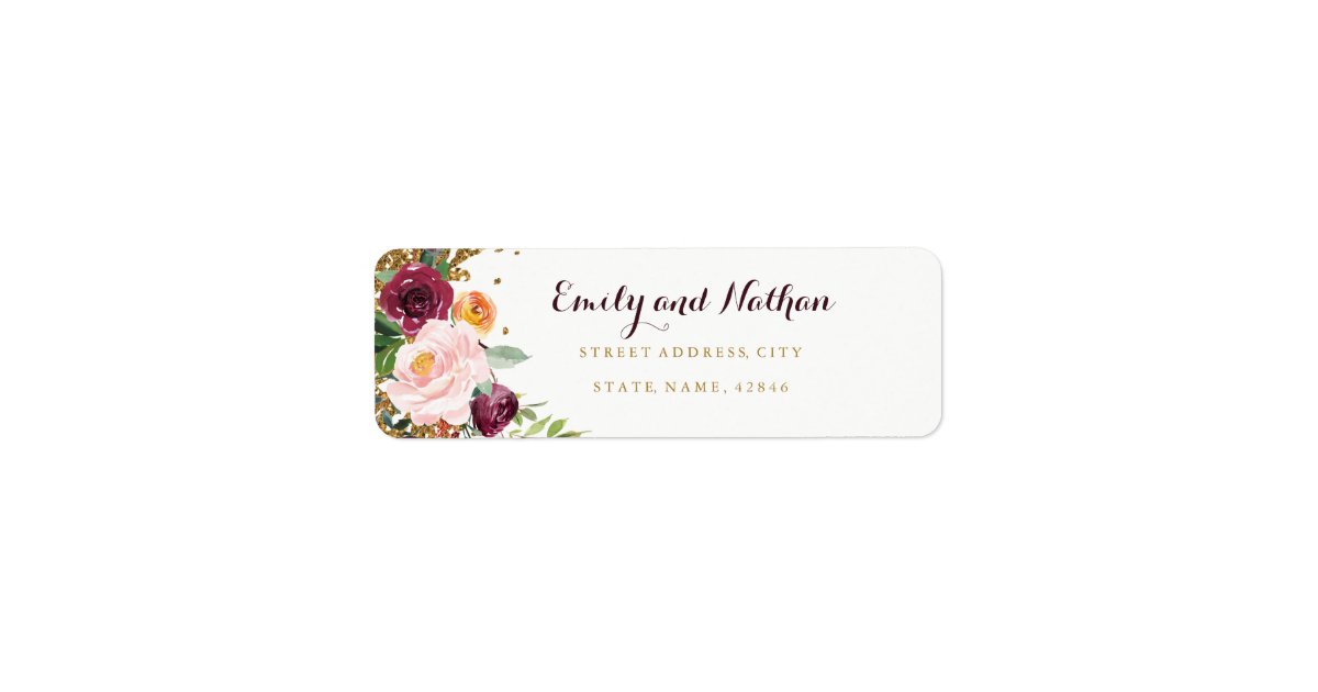 Burgundy Floral Glitter Return Address Label | Zazzle