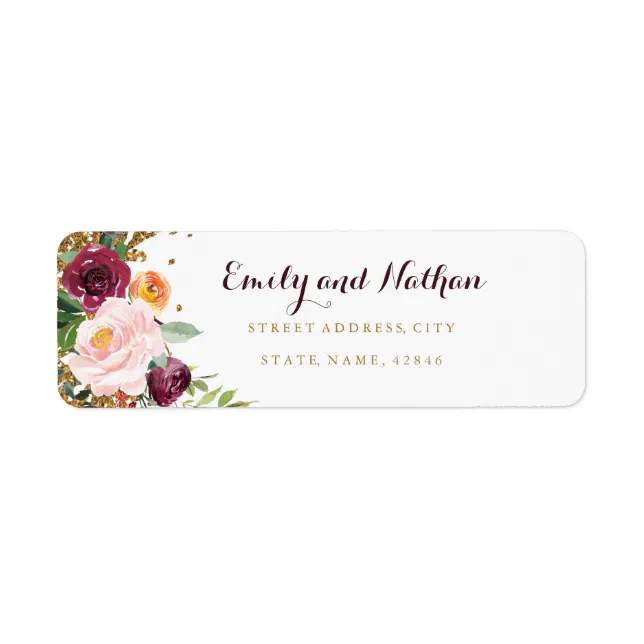Burgundy Floral Glitter Return Address Label | Zazzle
