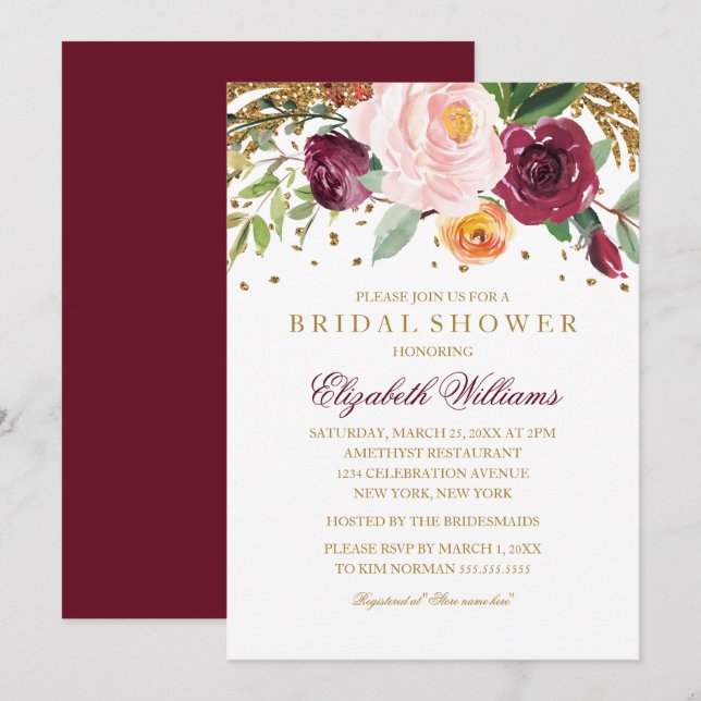 Burgundy Floral Glitter Sparkling Bridal Shower Invitation (Front/Back)