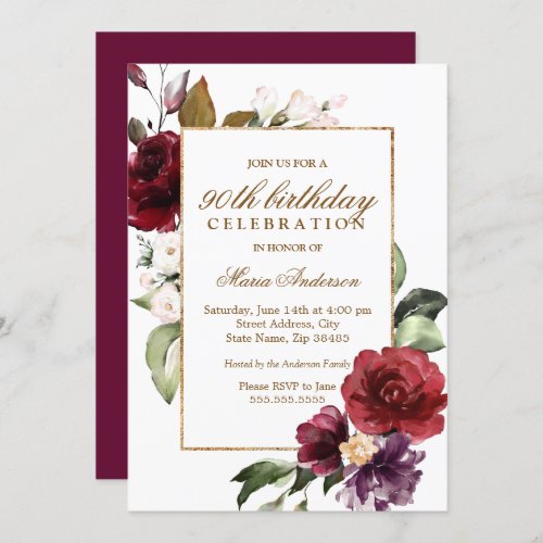 Burgundy Floral Gold 90th Birthday Party Invitation