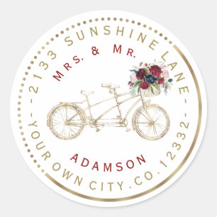 Burgundy Floral Gold Bike Circular Address Label