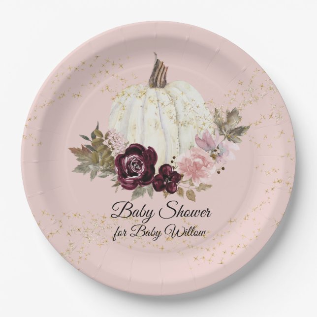 Burgundy Floral Gold Blush Baby Shower Pumpkin Paper Plates (Front)