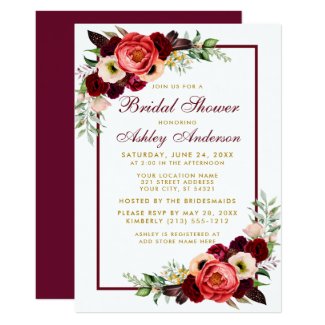 Burgundy Floral Gold Boho Bridal Shower Invite B