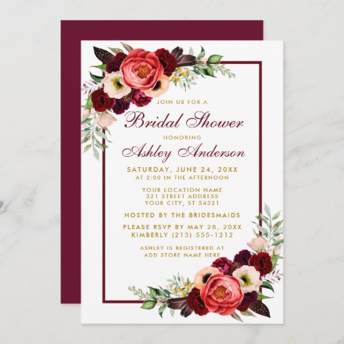 Burgundy Floral Gold Boho Bridal Shower Invite B