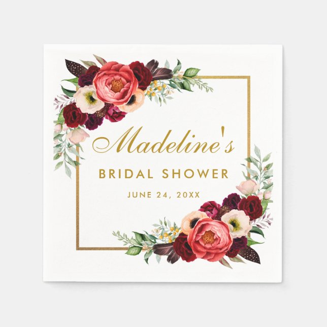 Burgundy Floral Gold Boho Bridal Shower Napkins (Front)