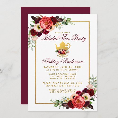 Burgundy Floral Gold Boho Bridal Shower Tea Party Invitation