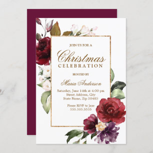 Burgundy Floral Gold Border Christmas Party Invitation