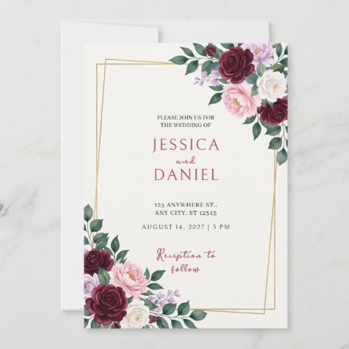 Burgundy Floral Gold Border Wedding Invitation