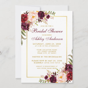 Burgundy Floral Gold Bridal Shower Invitation