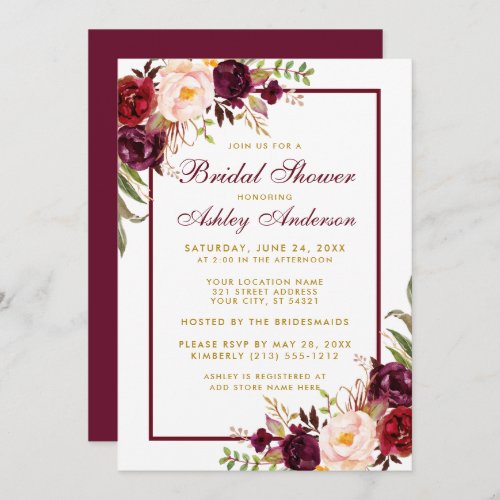 Burgundy Floral Gold Bridal Shower Invitation BF