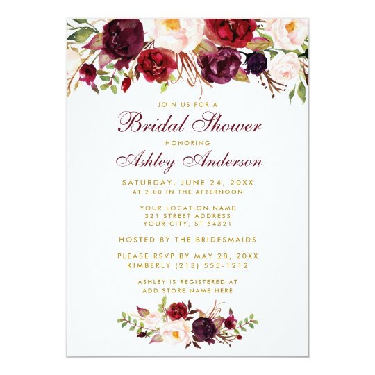 Burgundy Floral Gold Bridal Shower Invitation BW