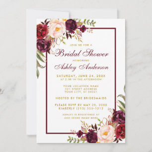 Burgundy Floral Gold Bridal Shower Invitation F