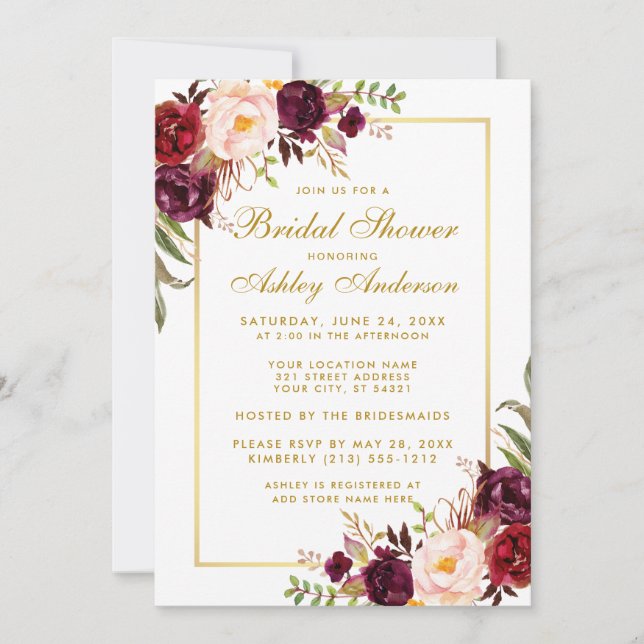 Burgundy Floral Gold Bridal Shower Invitation G (Front)