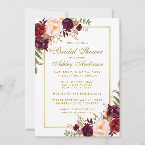 Burgundy Floral Gold Bridal Shower Invitation G