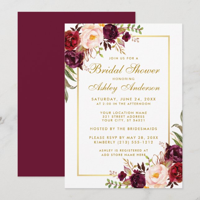 Burgundy Floral Gold Bridal Shower Invitation GB (Front/Back)