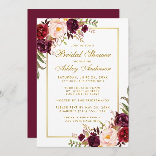 Burgundy Floral Gold Bridal Shower Invitation GB