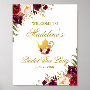 Burgundy Floral Gold Bridal Shower Tea Welcome Poster