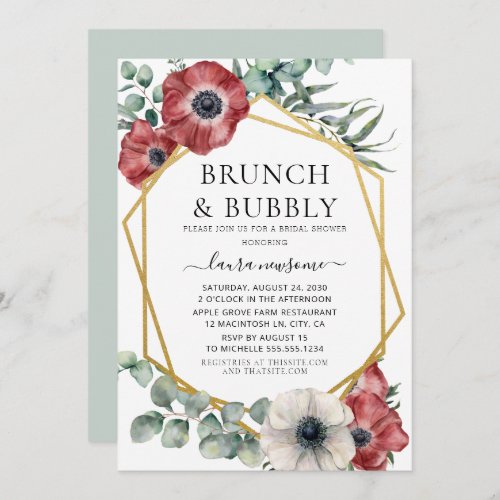 Burgundy Floral Gold Brunch  Bubbly Bridal Shower Invitation