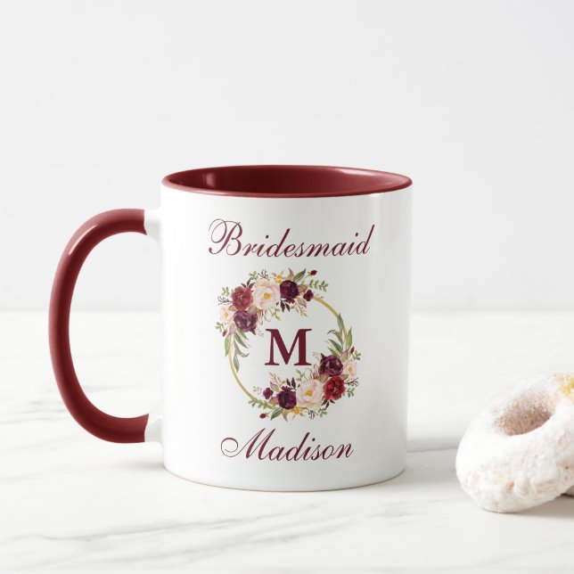 Burgundy Floral Gold Circle Bridesmaid Monogram Mug (With Donut)