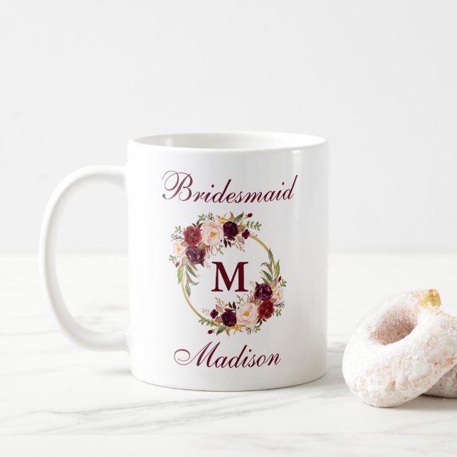 Burgundy Floral Gold Circle Monogram Bridesmaid Coffee Mug (With Donut)