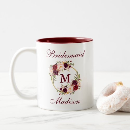 Burgundy Floral Gold Circle Monogram Bridesmaid Two_Tone Coffee Mug