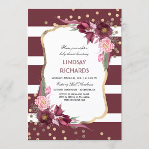 Burgundy Floral Gold Confetti Chic Baby Shower Invitation