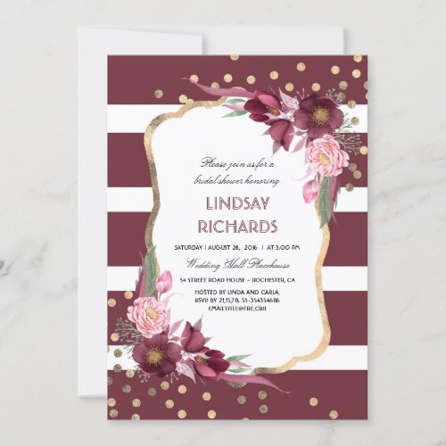 Burgundy Floral Gold Confetti Chic Bridal Shower Invitation