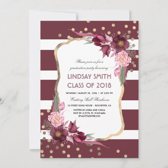 Burgundy Floral Gold Confetti Graduation Party Invitation (Front)