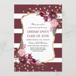 Burgundy Floral Gold Confetti Graduation Party Invitation