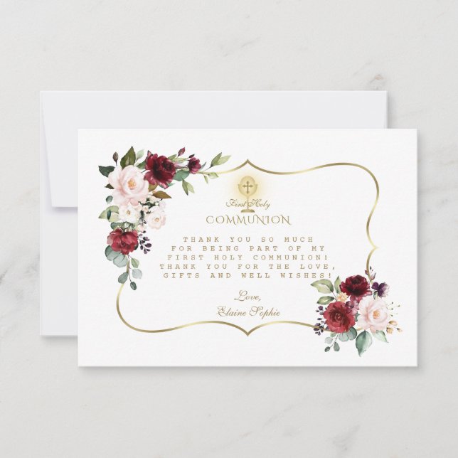 Burgundy Floral Gold Cross Chalice Holy Communion Thank You Card (Front)